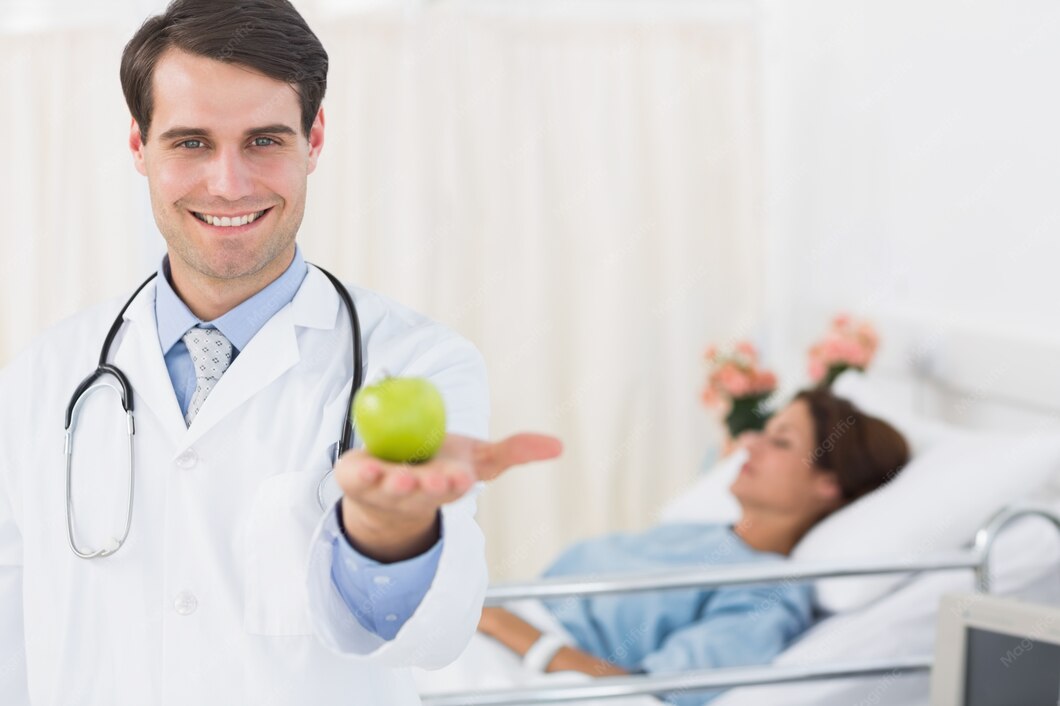 smiling-doctor-holding-apple-with-patient-hospital_13339-33977